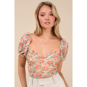 Lulus Vibrant Flirt Peach Floral Mesh Puff Sleeve Ruched Bodysuit Orange
